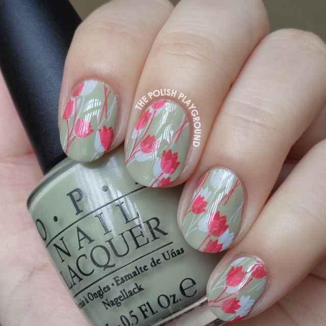 White and Red Double Tulips Stamping Nail Art