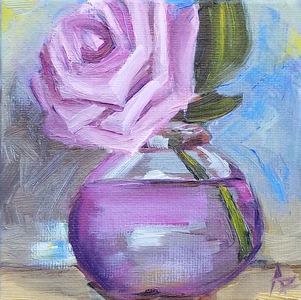 Azra's Painting a Day Lilac Rose in Purple Tinted Vase