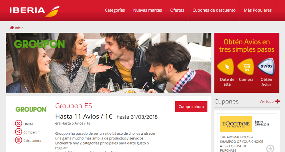 [Avios(短途神器) 里程活動]Groupon.es 又開賣Iberia Avios返利加碼11 Avios / €1更新18/4/14