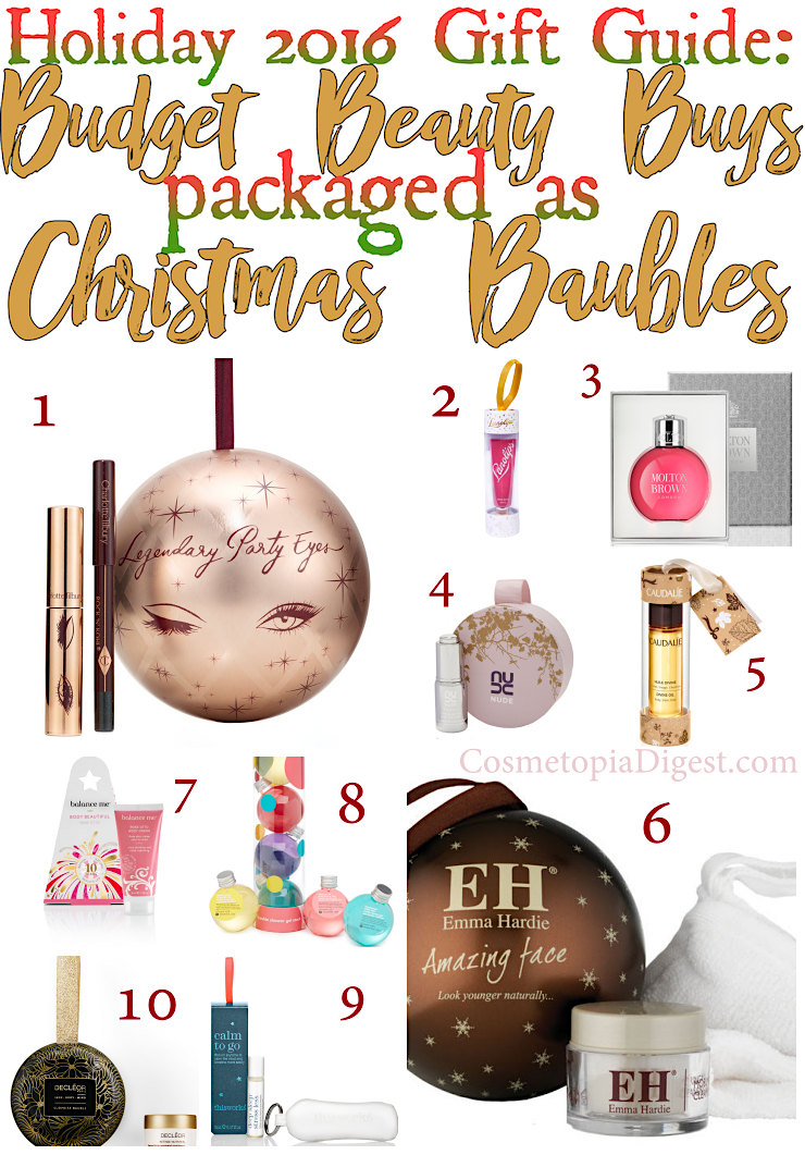 10 budget beauty buys that are packaged as Christmas ornaments. 