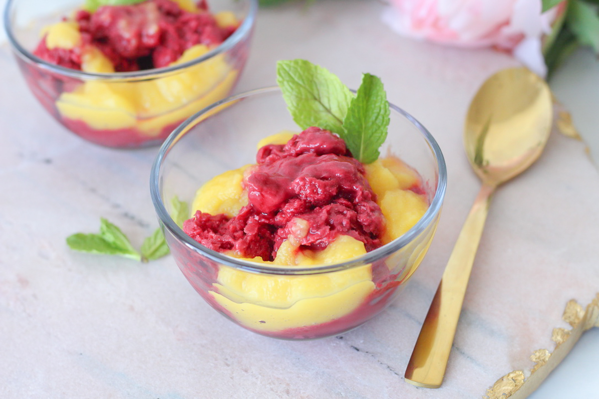 Easy Healthy Raspberry Mint Sorbet with Mango Coulis - This Celebrated Life