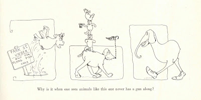 A series of cartoons showing fantastical animals including a goat-bird hybrid, a hoofed dog creature with three bears balancing on its back, and an elephant with only two legs, both ending in sneakers. The caption reads "Why is it when one sees animals like this one never has a gun along?"