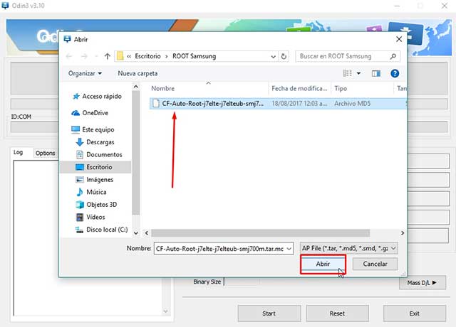 cargar el archivo para root cf auto root samsung en el Odin