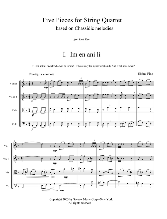 Elaine Fine's Thematic Catalog Five Pieces for String Quartet based on