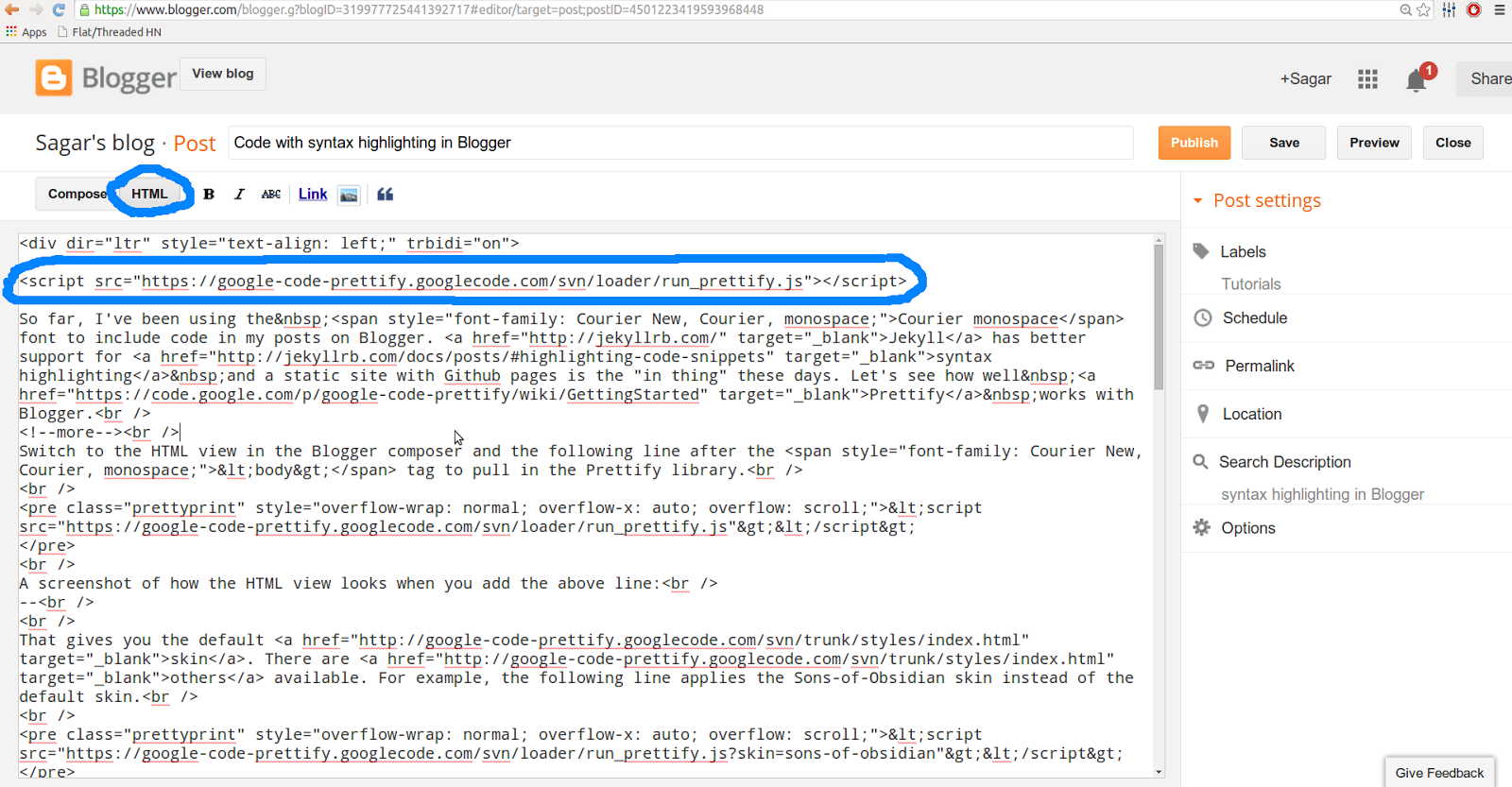 Sagar's blog: Syntax highlighting code in Blogger