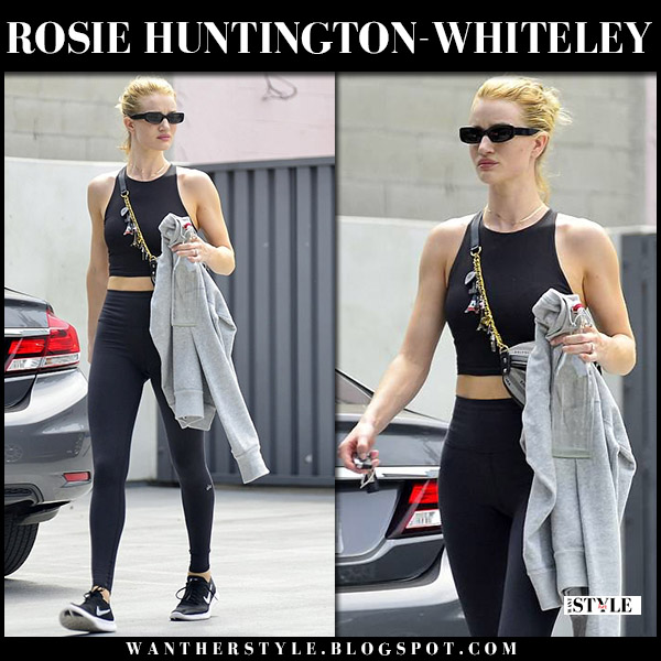 Rosie Huntington-Whiteley in black sports bra and black leggings going