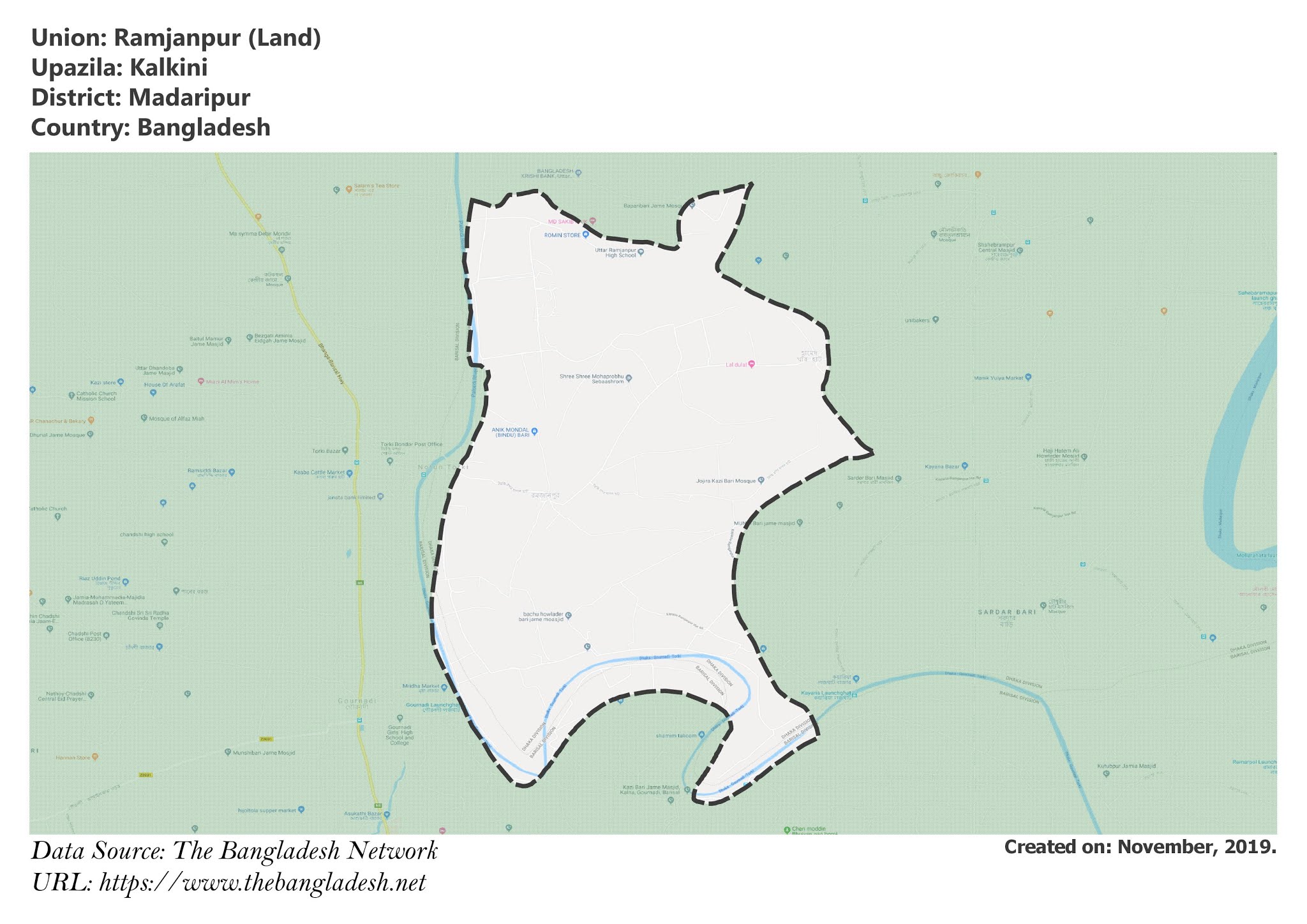 Map of Ramjanpur of Madaripur, Bangladesh.