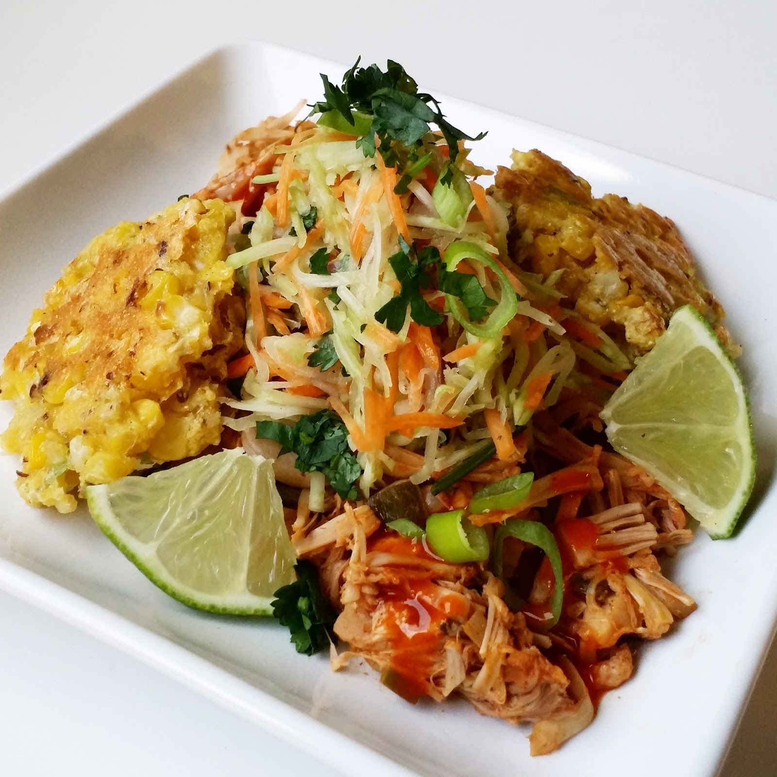 Jackfruit Carnitas Corn Fritters Mexican Broccoli Slaw Strappedforcashews