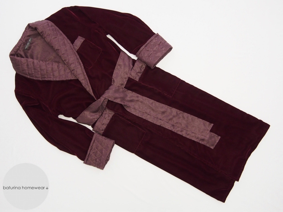 Long Quilted Silk Burgundy Velvet Dressing Gown for Men