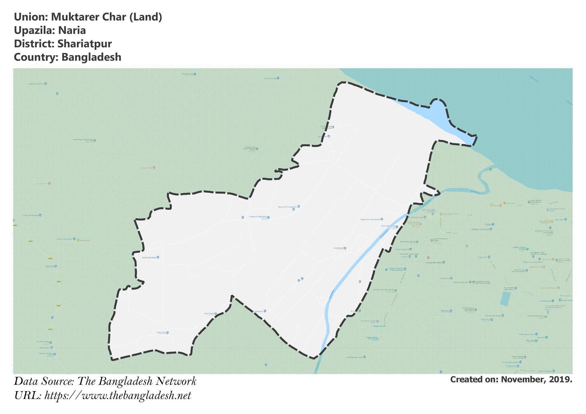 Map of Muktarer Char of Shariatpur, Bangladesh.