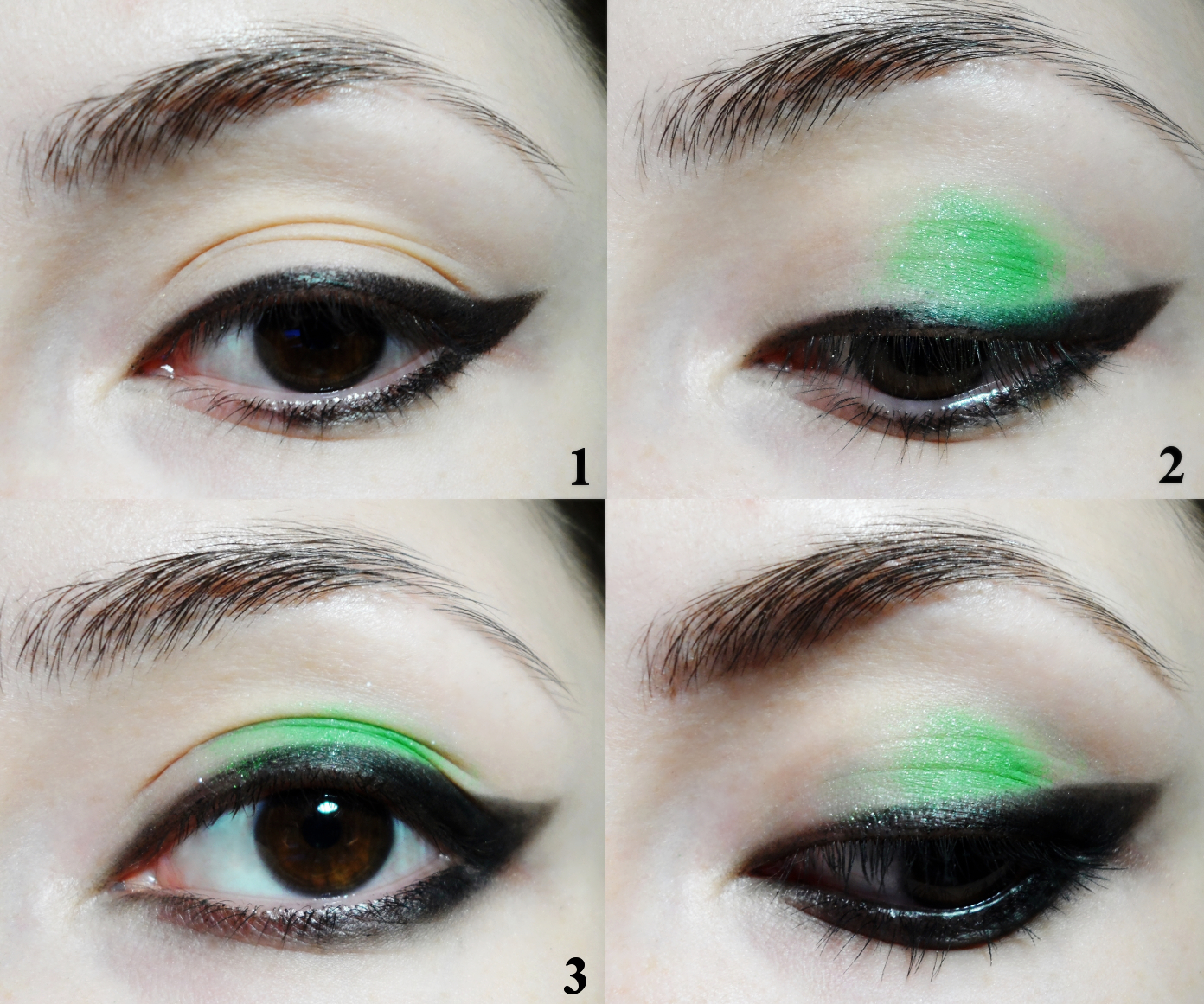 a step-by-step makeup pictorial showing how to apply Avril Lavigne's eye makeup look from video Smile with instructions
