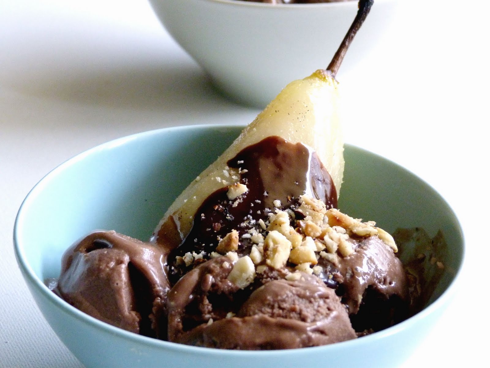 Kitchen & Bakery. Vanilla Poached Pear, Chocolate Ice Cream, Chocolate