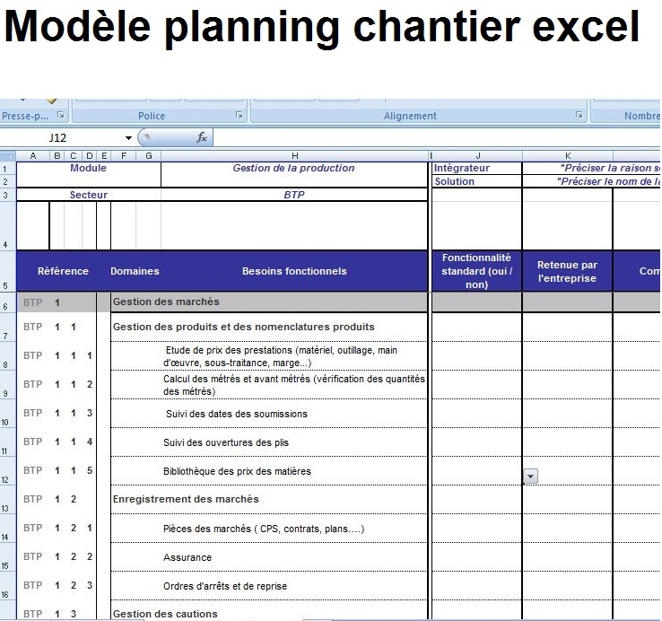 Modèle planning et planification chantier excel éditable Exemple 3 Outils, livres, exercices