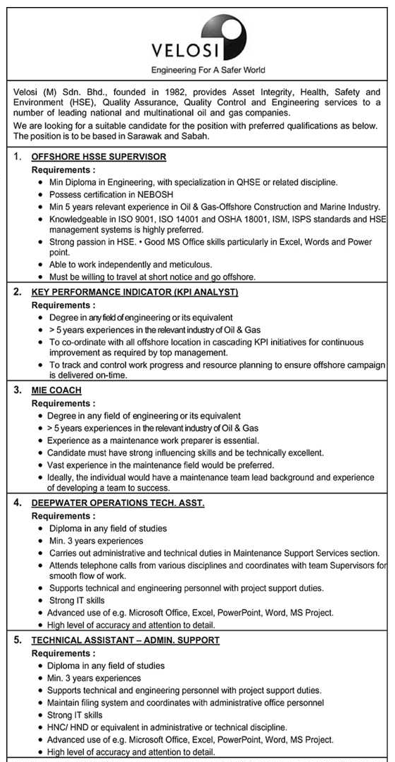 Oil Gas Vacancies Vacancies Velosi Sabah Sarawak