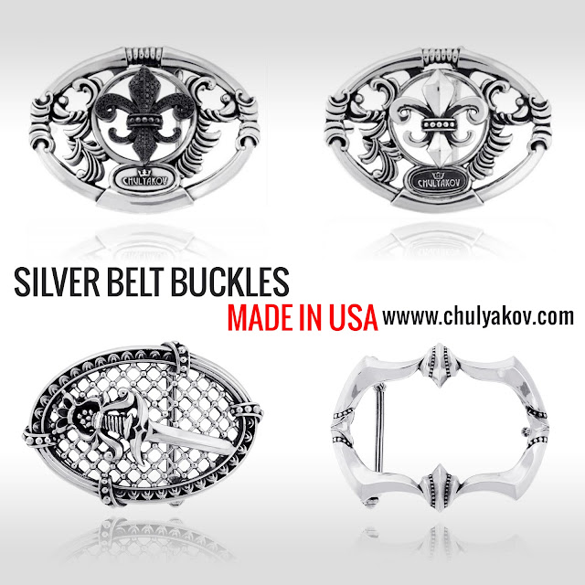 Designer sterling silver belt buckles with black diamond, fleur de lis buckles