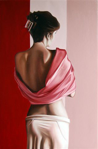 Drew Darcy 1976 | Moda pintor figurativo británico | Lady in Red