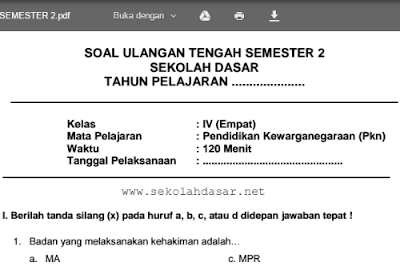 Download soal UTS semester 2 untuk kelas 4 SD/MI mata pelajaran PKn.