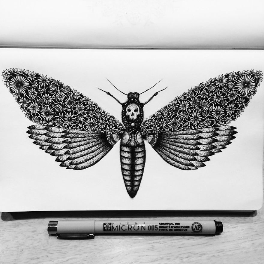 05-Moth-of-Death-Pavneet-Sembhi-Black-and-White-Ink-Detailed-Drawings-www-designstack-co
