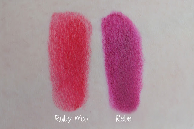 Mac ruby woo and rebel lipstick swatches