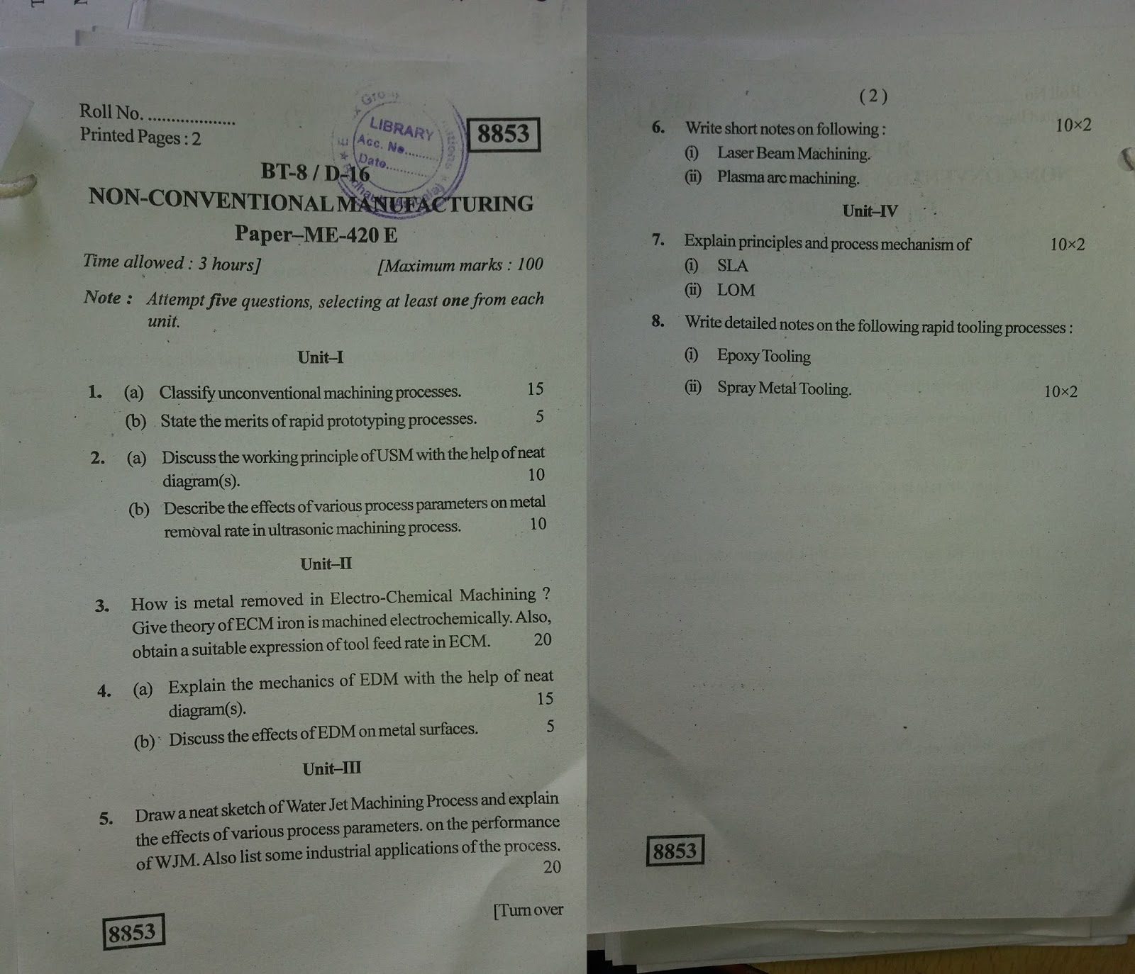 Mechanical Engineering Department Previous Year Question Papers (8th