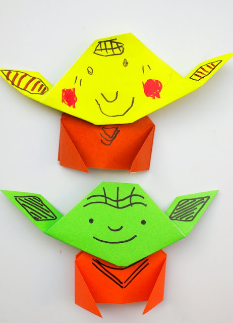 Instruction showing how to fold a super easy origami Yoda Tutorial- Great kids craft for all ages