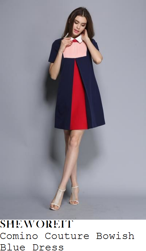vicky-pattison-comino-couture-bowish-navy-blue-red-nude-pink-and-white-short-sleeve-collared-bow-detail-pleated-front-relaxed-fit-a-line-shift-dress