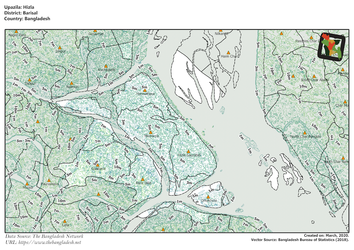  Hizla Upazila Elevation Map Barisal District Bangladesh