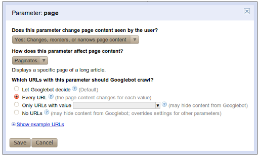 Parameter view for 'page' within the Webmaster Tools URL Parameter tool