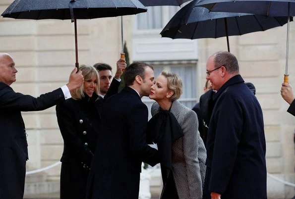 Princess Charlene wore a Houndstooth one button wool coat by GIVENCHY. Duchess Maria Teresa, Brigitte Macron