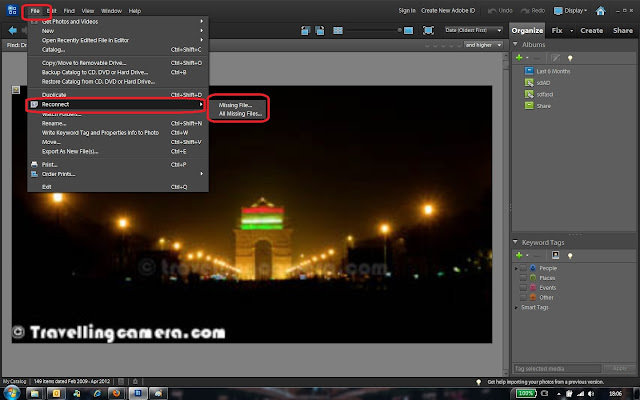  Many times missing files in Catalog become a big trouble and most of the times people don't understand it clearly. This article will try to explain the reason behind Missing Files in Elements Organizer of Adobe Photoshop Elements and how to fix it. Let's Check..Let's first understand about Missing File in Elements Organizer. Just have a look at above image which shows Properties Dialog having path of a file open on left and windows explorer showing all the files except the one which is shown in Organizer Imagewell. This shows that Organizer expect a file to be at a particular location, while it's not there. When it can happen? It happens when we delete the file directly from Windows Explorer or move them to a new location. In this case Organizer doesn't get to know about the change and file is shown as Missing, as it fails to locate it. From above explanation, we understand that following two can be probable reason of a file being missing in Organizer Catalog -1. File is deleted from Hard-Driv2. File is moved from original location to some other locationNothing can be done if file is permanently deleted and there is no other copy of that file on Local or external hard-drive, but if file is moved to some other location then Organizer has a way to reconnect it with new location. Let's see how to reconnect a file in Organizer of Adobe Photoshop Elements1. Double click on missing file and a small dialog will open on top of it, which is basically trying to locate the file on your connected drives. If you already know the new location of file just click on 'Browse' button in this dialog or keep it working in it's own way2. When we click on 'Browse', following dialog is shown. This dialog lists missing files on left with appropriate information about the files. Specially old path of the file in bottom3. On right part you have to go to the new location and select the file on right. When appropriate file is selected on Right, click on 'Reconnect'. It will reconnect your missing file with file at new location and you will be able to use this file in organizer4. If there are musltiple missing files in your catalog recommended way is to go to File Menu and reconnect all missing files as shown in image below. It will automatically reconnect files from different locations on your hard-drive. Please note that automatic reconnect works only if file is not renamed after moving to location. Name is primary parameter to search for file on your hard-disks.Hope that information shared is useful and please feel free to ask specific questions here.