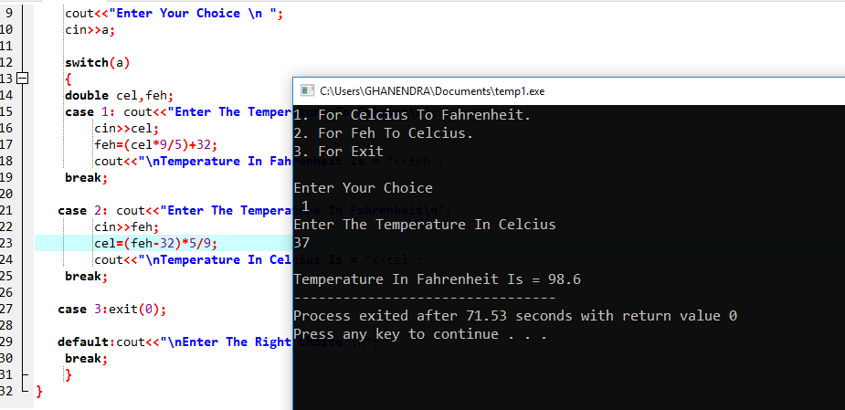 C program to convert celsius to fahrenheit and vice versa using switch case