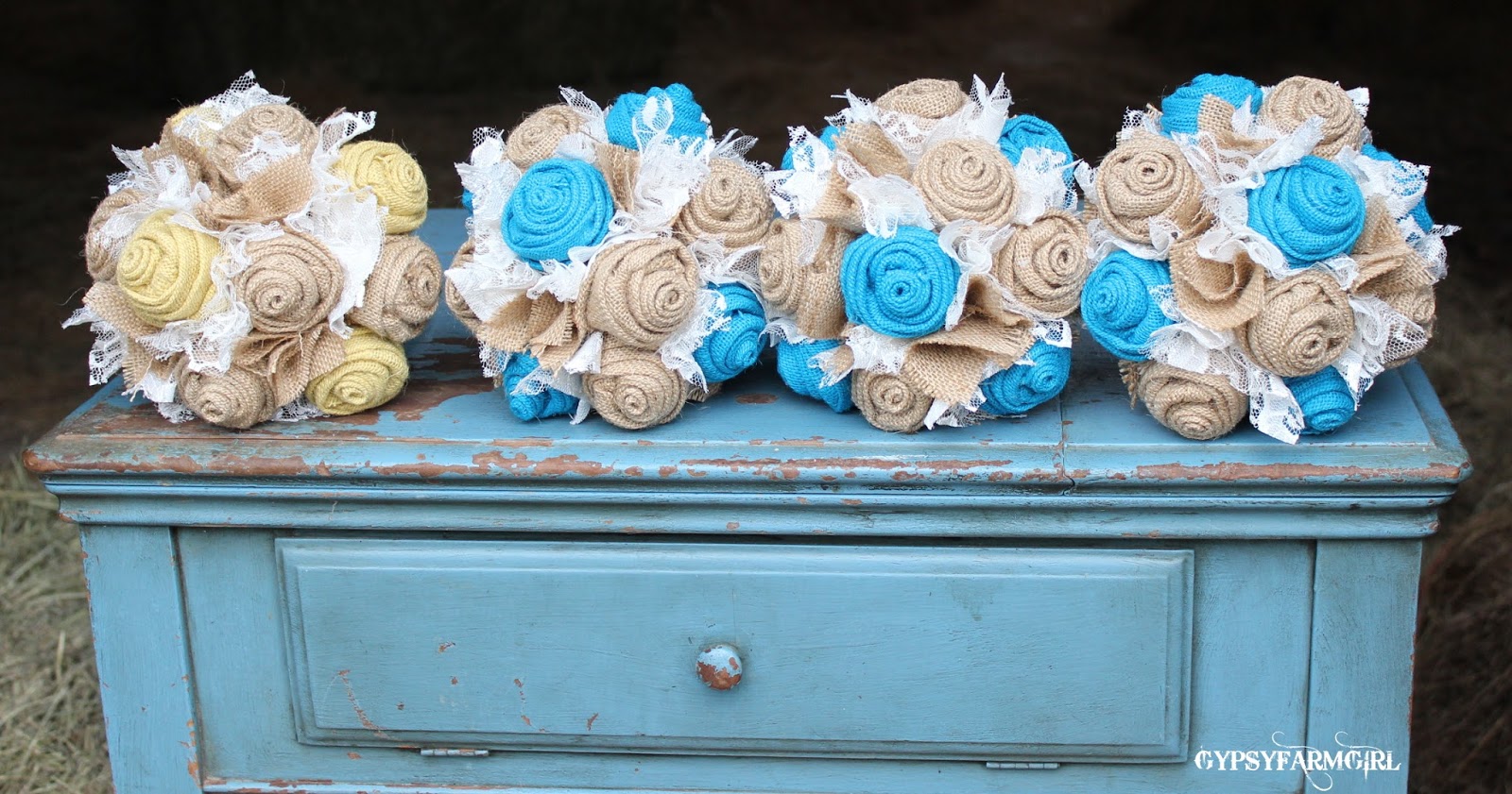 Gypsyfarm Turquoise And Yellow Burlap Lace Weddings Burlap And Lace Bridesmaid Bouquet For Rustic Wedding