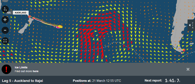 Screenshot: VOR fleet heading into high winds (red arrows), seas, and ice limits