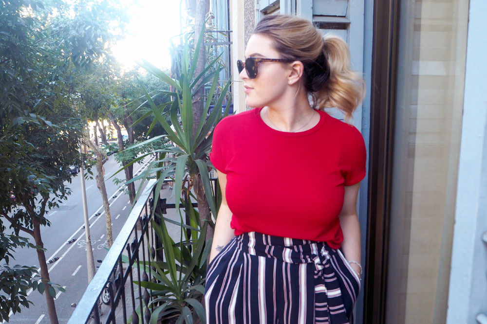 navy white striped trousers