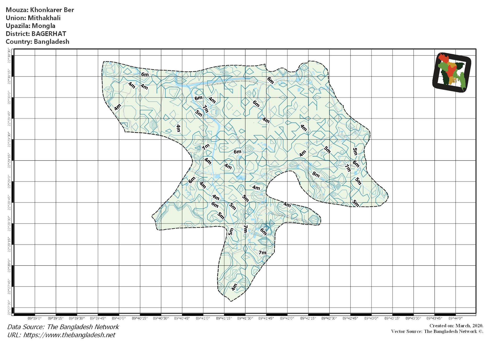 Map of Khonkarer Ber Mouza of Mongla Upazila, BAGERHAT, Bangladesh.