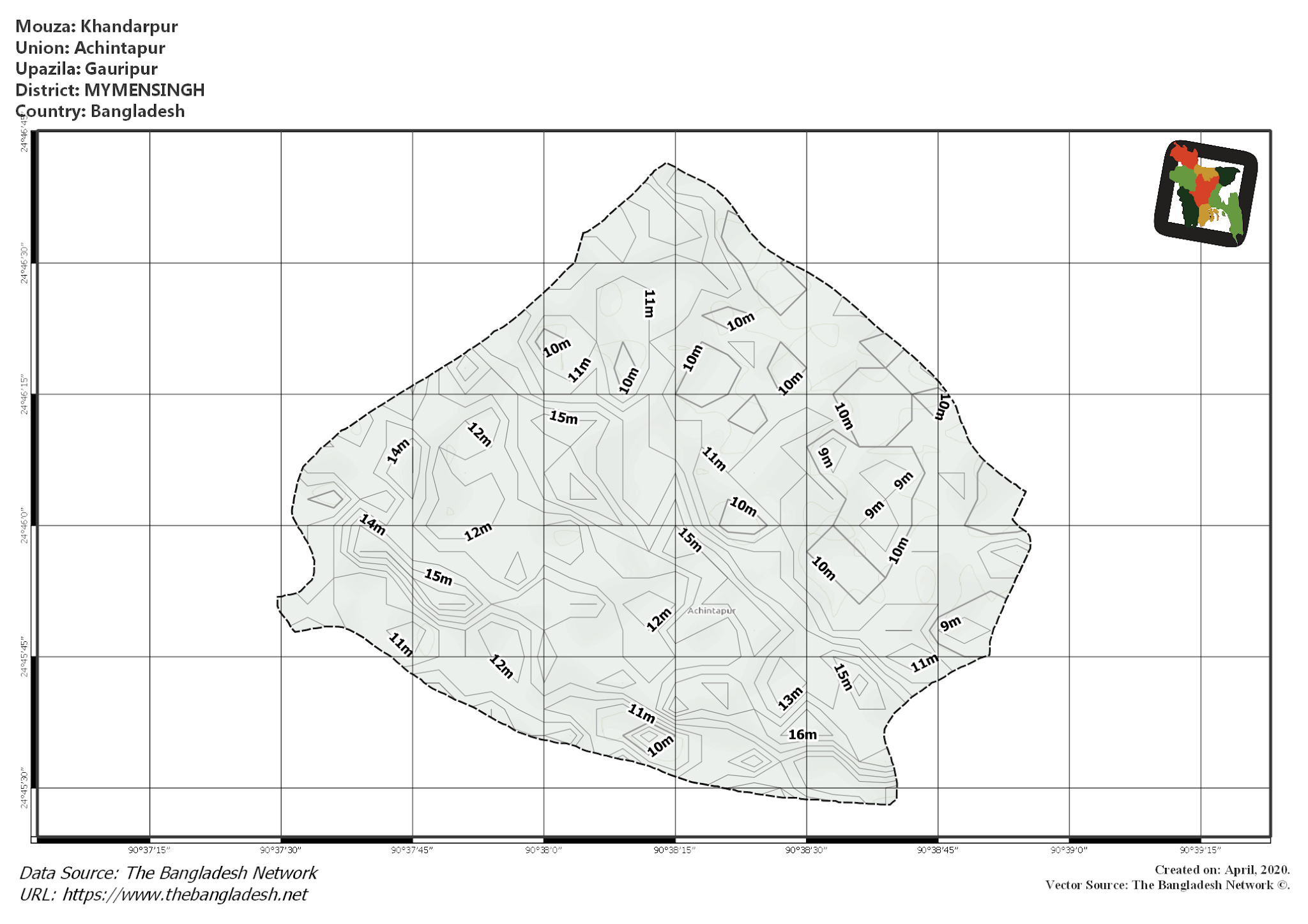 Map of Khandarpur Mouza of Gauripur Upazila, MYMENSINGH, Bangladesh.