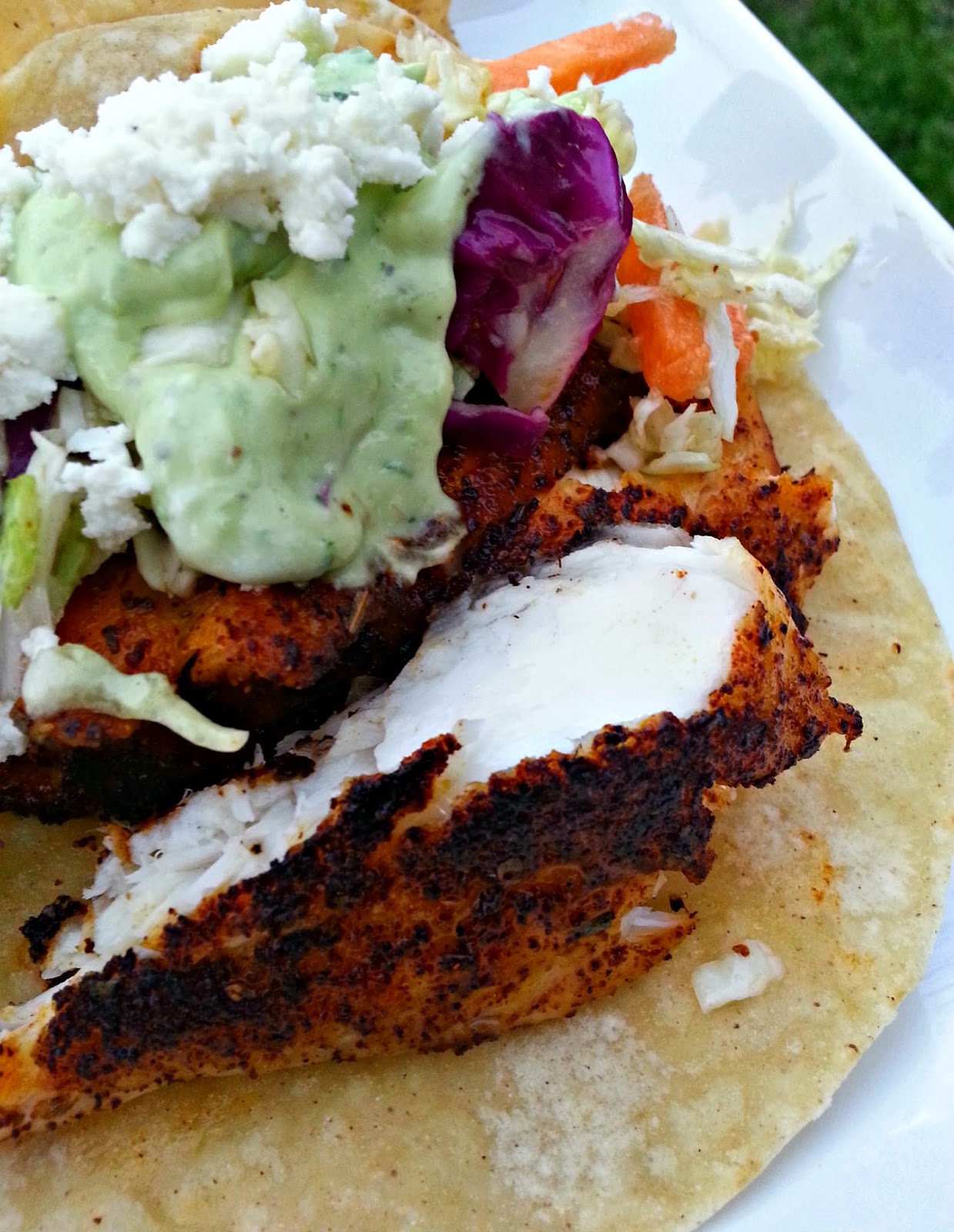Southern Girl. City Swirl. Ancho Chili Rubbed Fish Tacos w/Lime Ginger Slaw and Avocado Crema