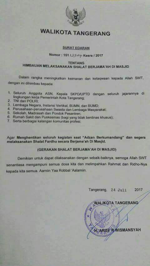 Masyaallah Keren Wali Kota Tangerang Keluarkan Edaran