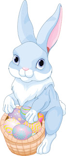 Clipart image of a blue Easter bunny holding a basket of eggs
