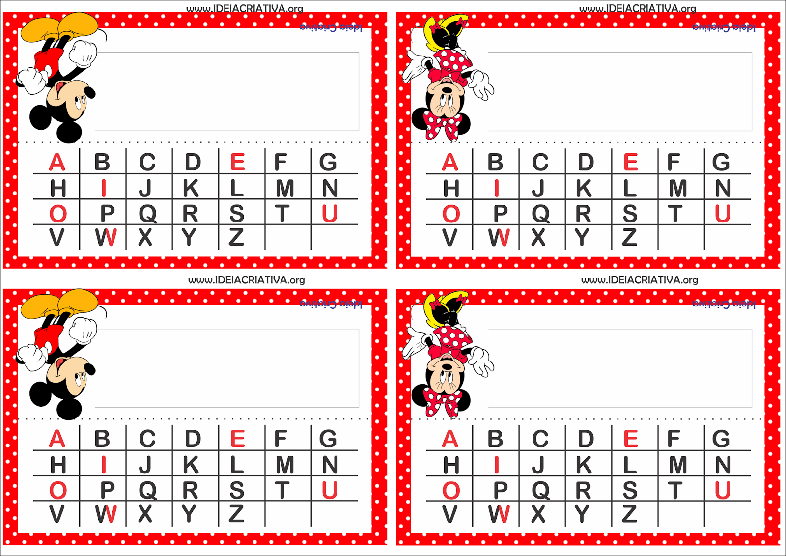 Crachás para Mesa Mickey e Minnie com Alfabeto