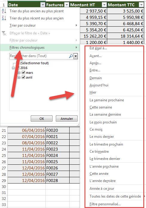 Opérateurs de comparaison - filtres chronologiques