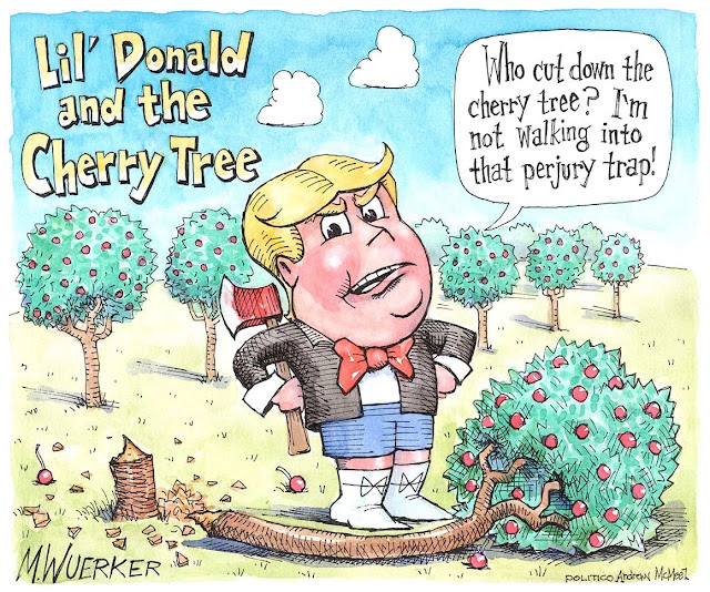 Title:  Lil' Donald and the Cherry Tree.  Image:  Boy who looks like Donald Trump holding an ax behind his back while standing next to a felled tree saying, 
