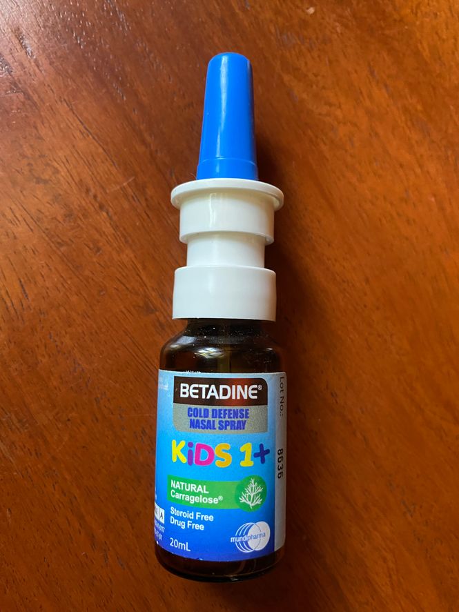 A bottle of Betadine Kids Cold Defense Nasal Spray