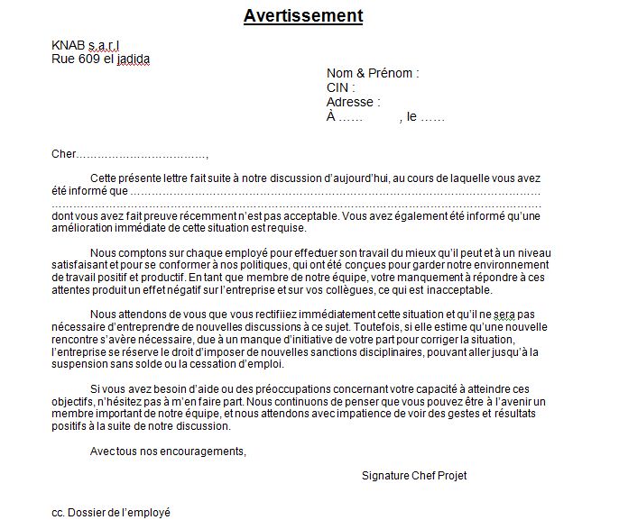 modele lettre avertissement pour absence
