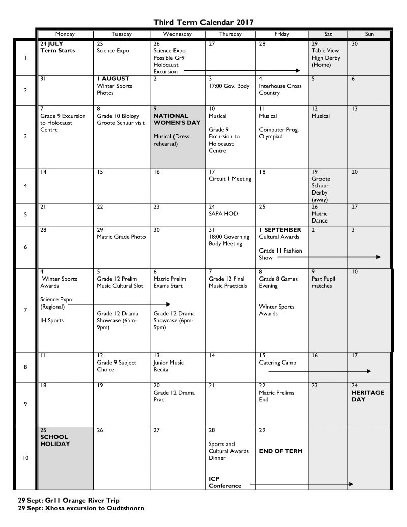 Camps Bay High School CBHS Provisional Events Calendar 2017