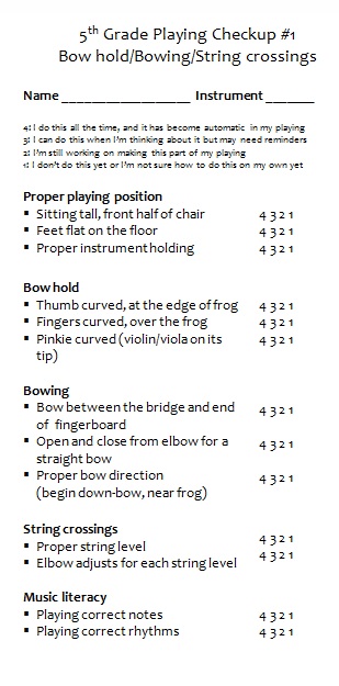 Elementary orchestra playing checkup assessment sheet