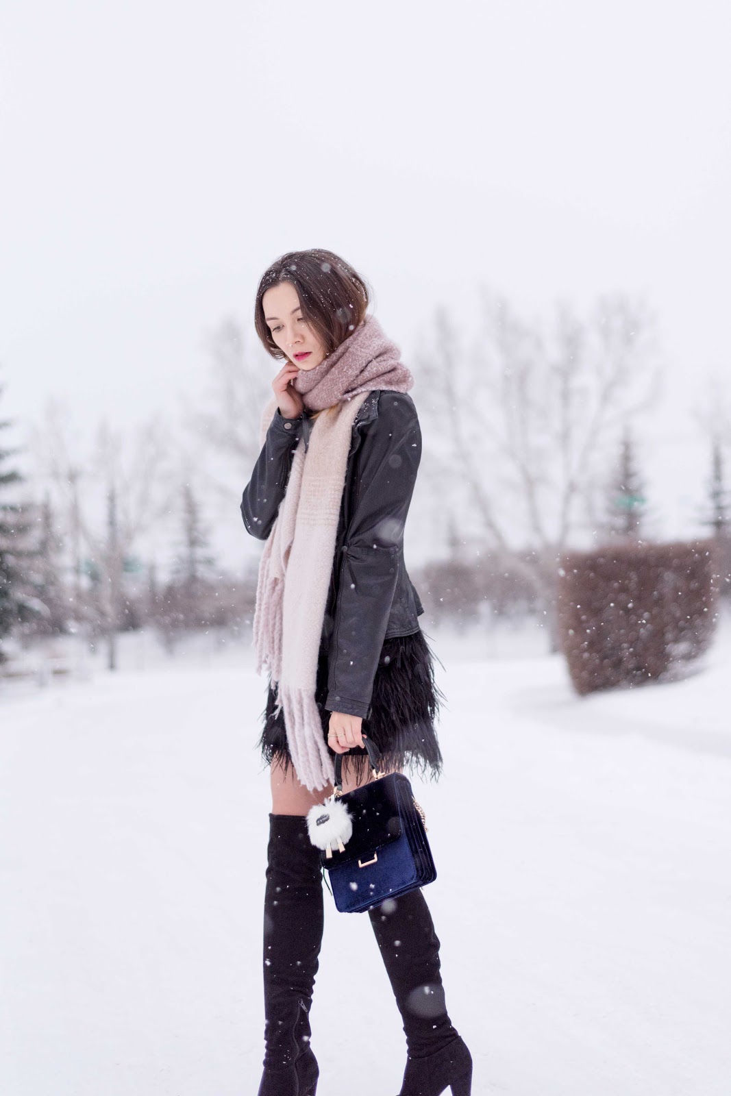 feather skirt, oversized scarf, blanket scarf, over the knee boots, winter style, winter lookbook 