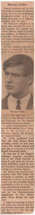 Murray Gollin, obituary in Montreal paper, 1968.