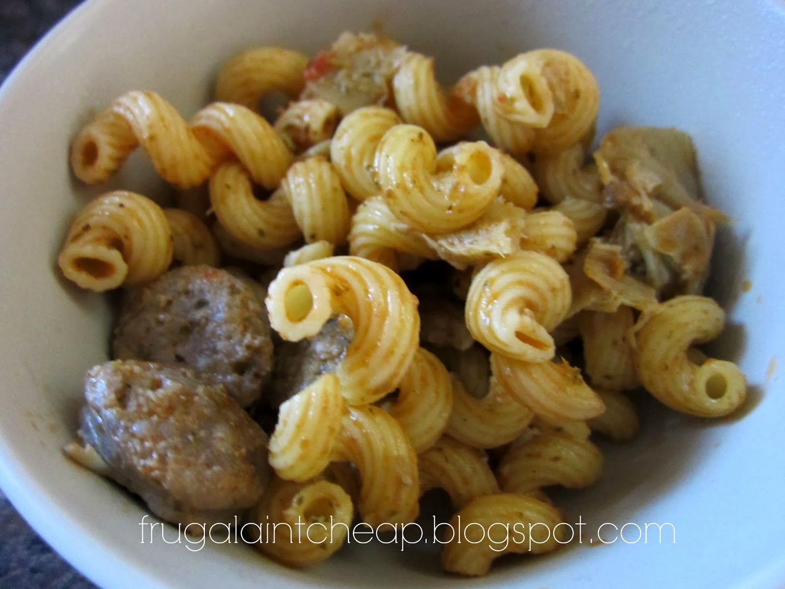 Frugal Ain't Cheap Pasta with Sausage, Artichokes, and SunDried Tomatoes