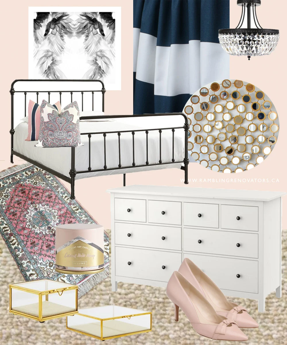 Feminine luxe bedroom with hints of pink gold and boho touches